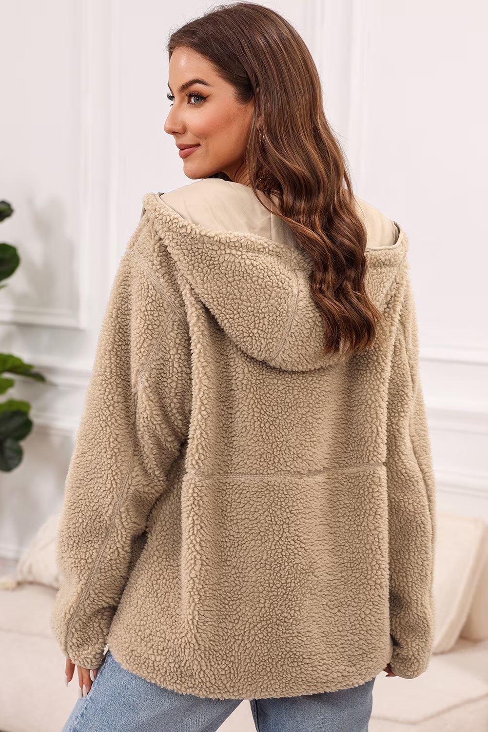 Womens Sherpa Jackets Fuzzy Hooded Zip up Coats Casual Solid Long Sleeve Fleece Shacket Jacket Outerwear with Pockets