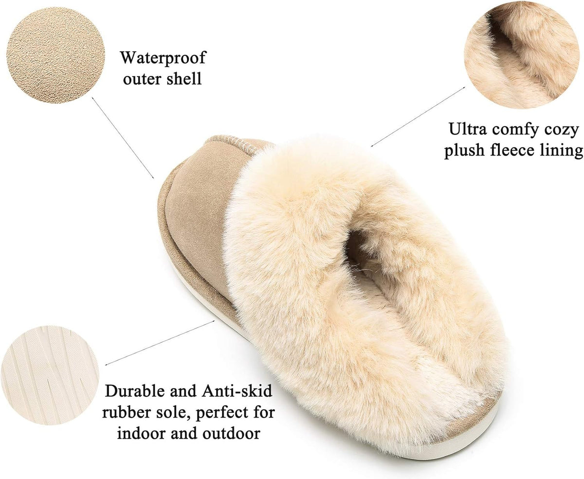 Womens Winter Warm Slipper Faux Fur Fluffy Slip-On House Slippers Suede Plush Lined/Anti-Skid Sole Indoor Outdoor