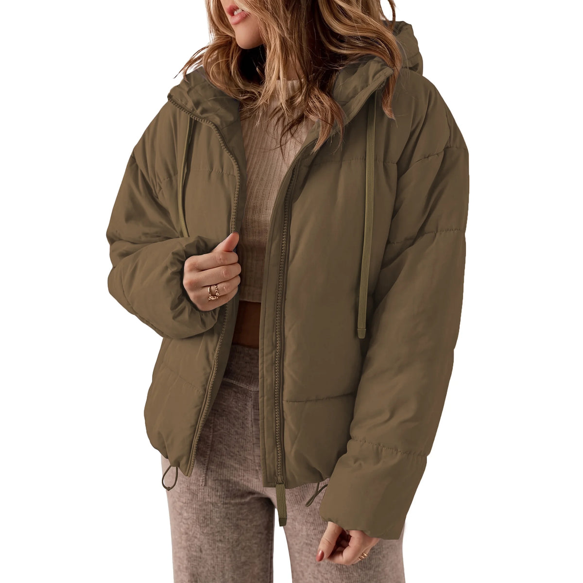 Full Zipper Puffer Jacket for Women Cropped Hooded Puffer Coat Winter Warm with Pockets Petite