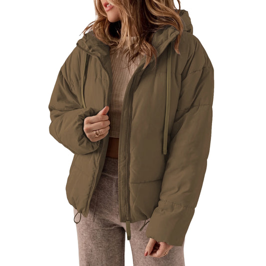 Full Zipper Puffer Jacket for Women Cropped Hooded Puffer Coat Winter Warm with Pockets Petite