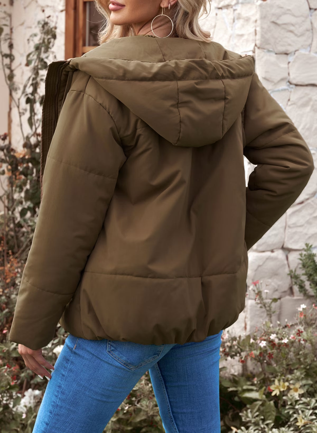 Full Zipper Puffer Jacket for Women Cropped Hooded Puffer Coat Winter Warm with Pockets Petite
