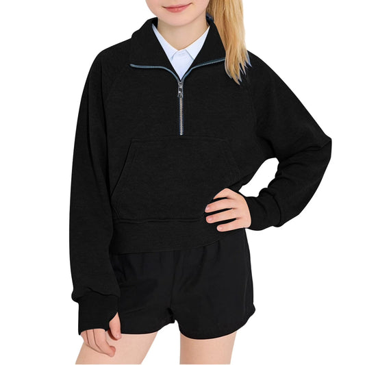 Girls Sweatshirts Half Zip Pullover Long Sleeve with Pocket and Thumb Hole Casual Fashion Fall Winter Clothes for Kids 5-14Y