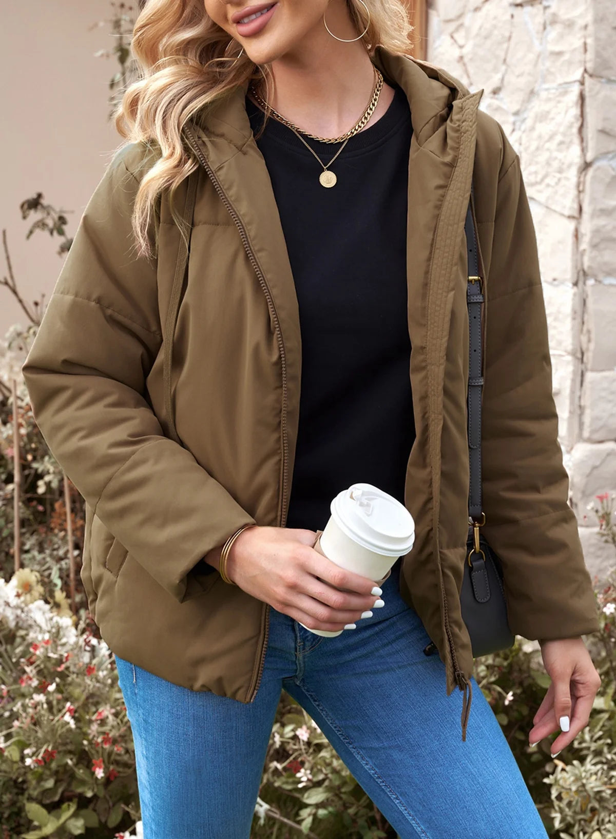 Full Zipper Puffer Jacket for Women Cropped Hooded Puffer Coat Winter Warm with Pockets Petite