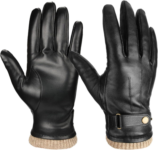 Winter Mens Gloves Genuine Nappa Leather Warm Wool Lining Touchscreen