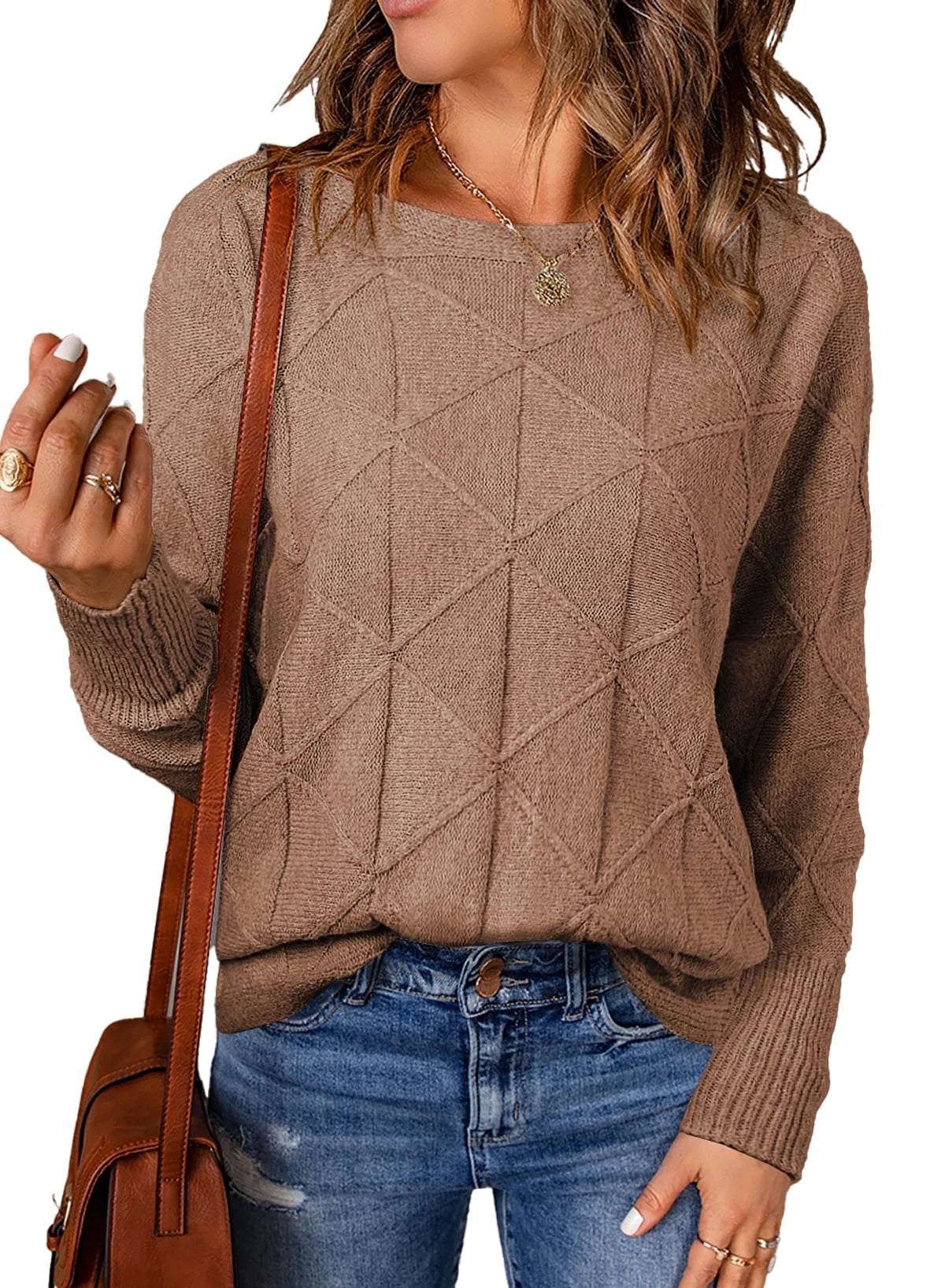 Womens Sweaters Casual Crewneck Long Batwing Sleeve Pullover Sweater Tops Lightweight Knitted Fall Clothes