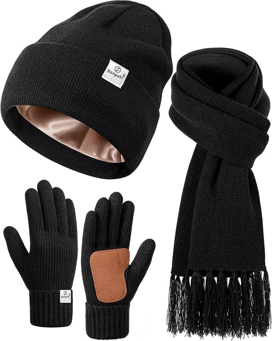 Womens Satin Lined Beanie Scarf Gloves Set, Silk Lined Winter Hats Knit Scarf Gloves, Gift Set Stocking Stuffers for Women