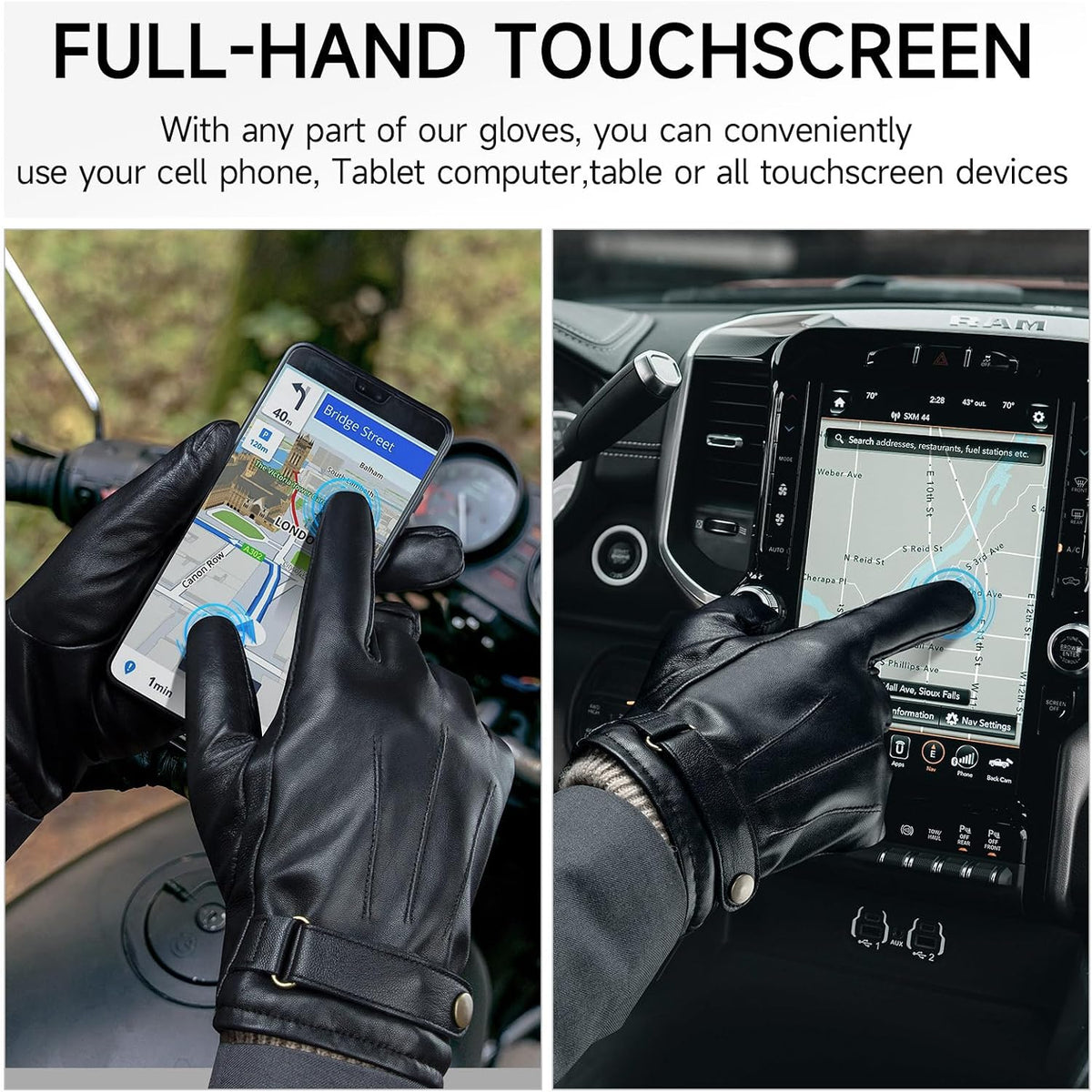 Winter Mens Gloves Genuine Nappa Leather Warm Wool Lining Touchscreen