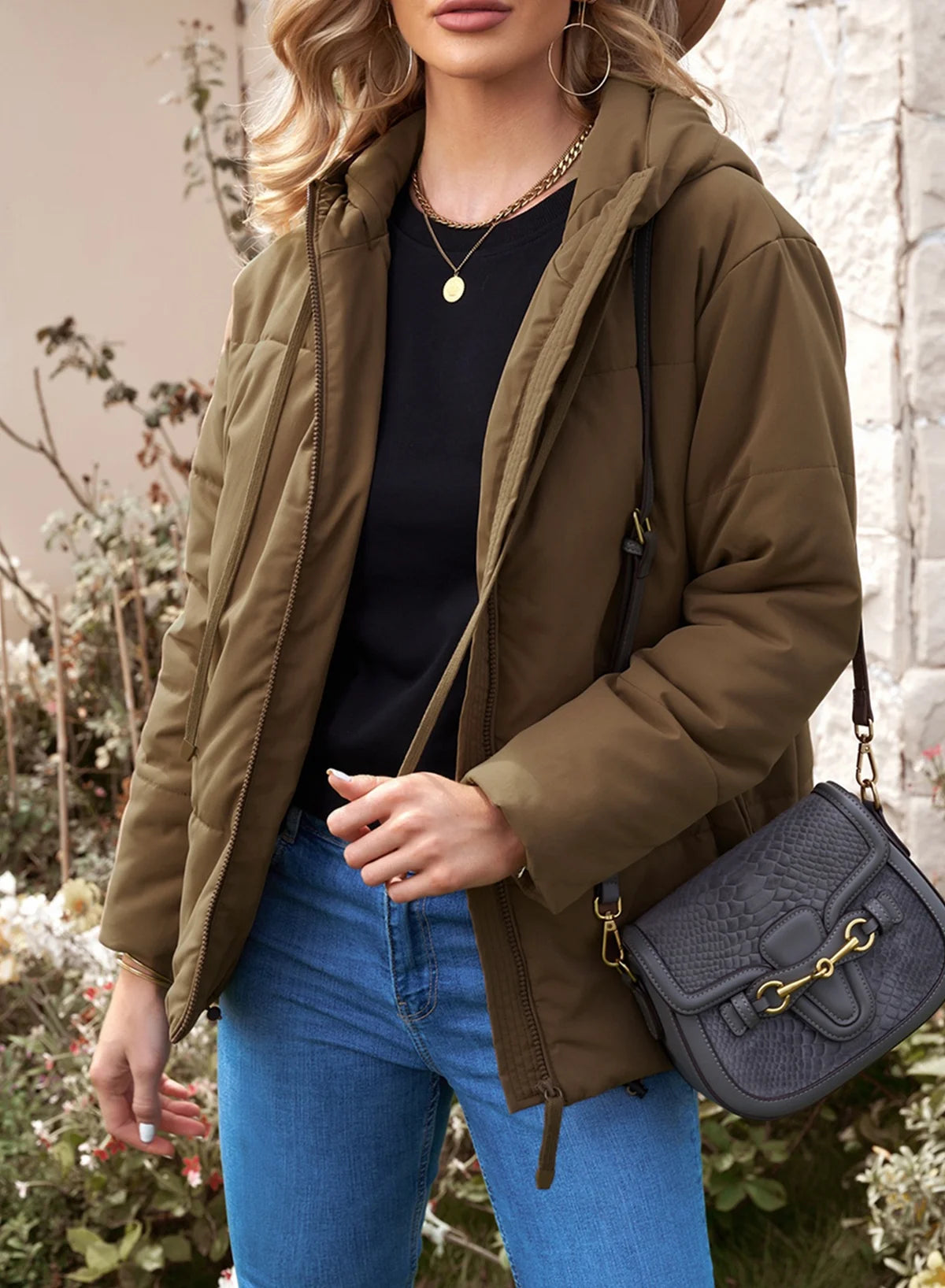 Full Zipper Puffer Jacket for Women Cropped Hooded Puffer Coat Winter Warm with Pockets Petite