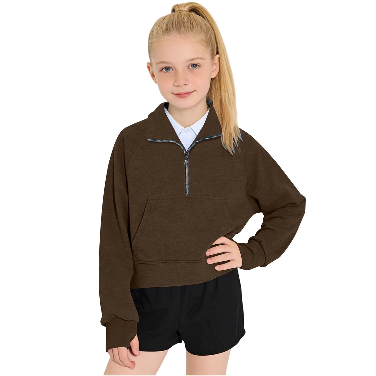 Girls Half Zip Sweatshirt Fleece Pullover Sweatshirts Fall Winter Clothes for Teen Girls Thumb Hole for 5-14 Years