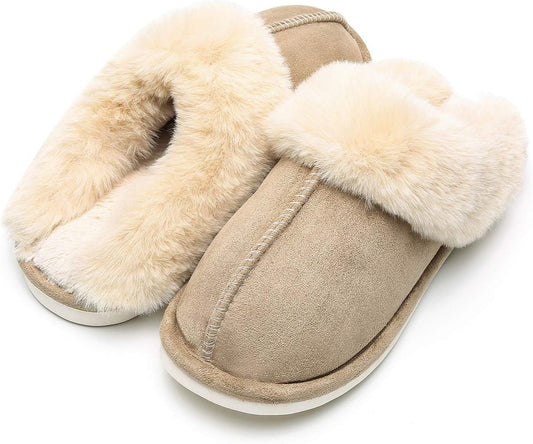 Womens Winter Warm Slipper Faux Fur Fluffy Slip-On House Slippers Suede Plush Lined/Anti-Skid Sole Indoor Outdoor